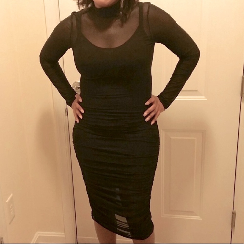 Ruched Mesh Mock Neck Midi Dress